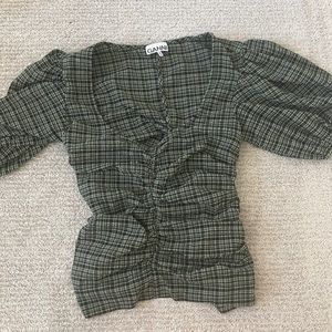 Ganni F6893 Mini Check Green Bay Puff Sleeve Front Ruched Crop Top NWT 38